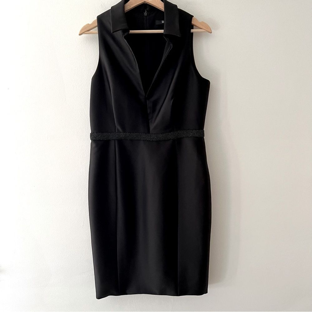 Badgley Mischka Dress Cocktail Black Satin Collar Beaded Waist Size 10 Elegant